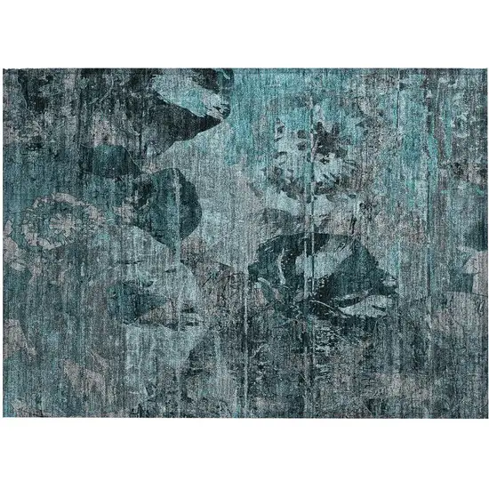 Teal and Gray Floral Washable Non Skid Indoor Outdoor Area Rug Photo 2