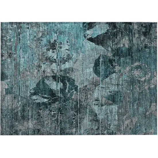 Teal and Gray Floral Washable Non Skid Indoor Outdoor Area Rug Photo 4