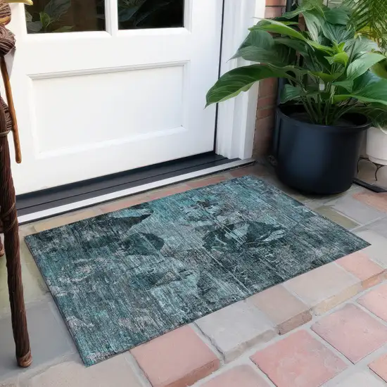 Teal and Gray Floral Washable Non Skid Indoor Outdoor Area Rug Photo 9