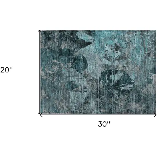 Teal and Gray Floral Washable Non Skid Indoor Outdoor Area Rug Photo 3