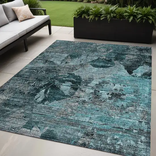 Teal and Gray Floral Washable Non Skid Indoor Outdoor Area Rug Photo 1