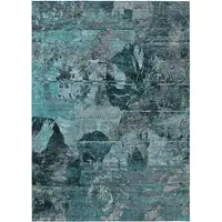 Photo of Teal and Gray Floral Washable Non Skid Indoor Outdoor Area Rug