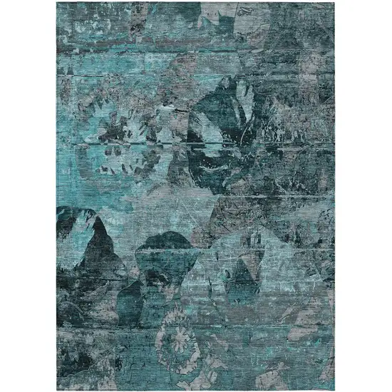 Teal and Gray Floral Washable Non Skid Indoor Outdoor Area Rug Photo 2