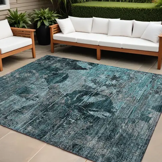 Teal and Gray Floral Washable Non Skid Indoor Outdoor Area Rug Photo 1