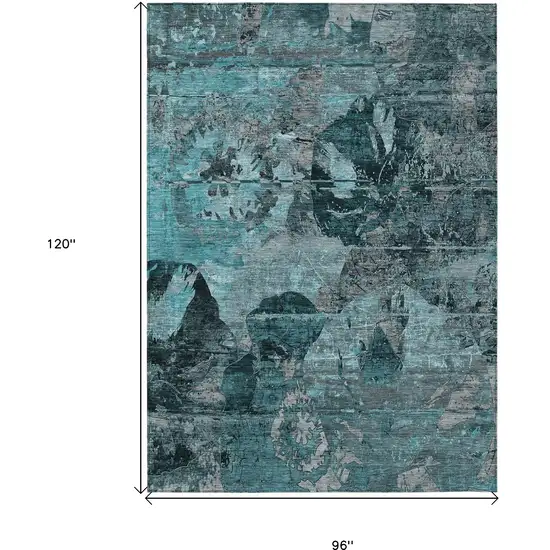 Teal and Gray Floral Washable Non Skid Indoor Outdoor Area Rug Photo 3