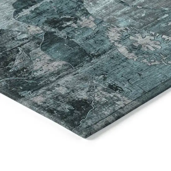 Teal and Gray Floral Washable Non Skid Indoor Outdoor Area Rug Photo 7