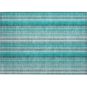 Photo of Teal and Gray Striped Washable Non Skid Indoor Outdoor Area Rug