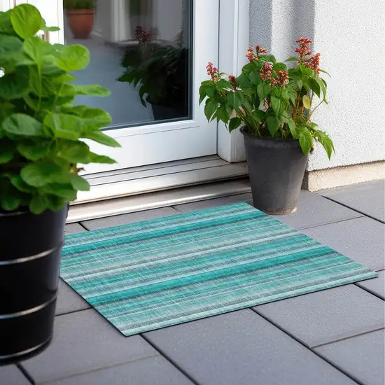 Teal and Gray Striped Washable Non Skid Indoor Outdoor Area Rug Photo 8