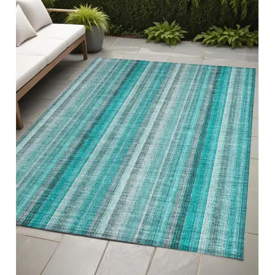 Teal and Gray Striped Washable Non Skid Indoor Outdoor Area Rug Photo 1