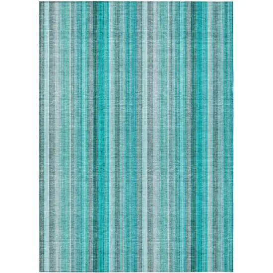 Teal and Gray Striped Washable Non Skid Indoor Outdoor Area Rug Photo 2