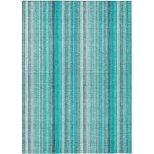 Photo of Teal and Gray Striped Washable Non Skid Indoor Outdoor Area Rug