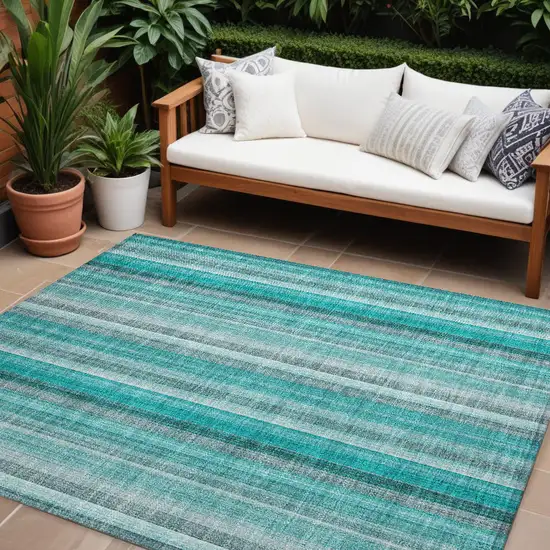 Teal and Gray Striped Washable Non Skid Indoor Outdoor Area Rug Photo 1