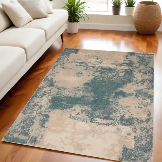 Teal and Ivory Abstract Non Skid Area Rug Photo 1