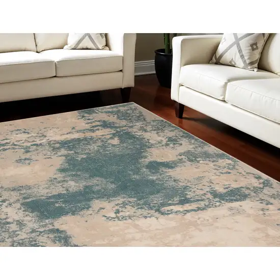 Teal and Ivory Abstract Non Skid Area Rug Photo 1