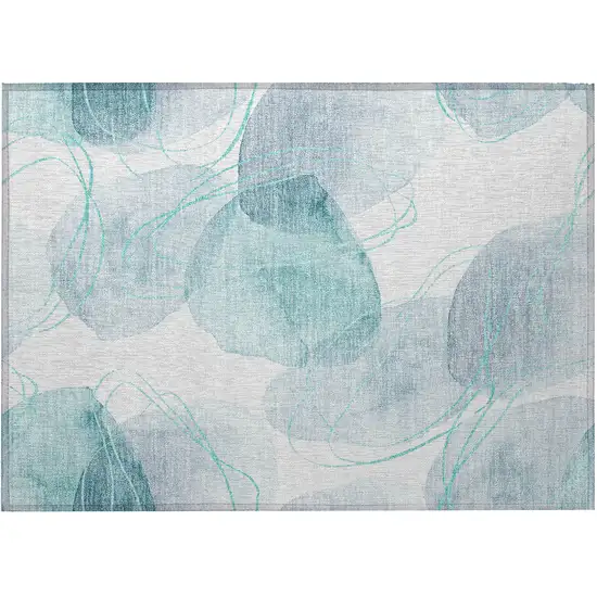 Teal and Ivory Abstract Washable Non Skid Indoor Outdoor Area Rug Photo 3