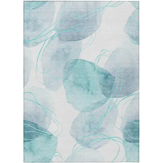 Teal and Ivory Abstract Washable Non Skid Indoor Outdoor Area Rug Photo 2