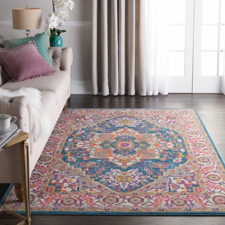 Teal and Pink Medallion Area Rug Photo 4