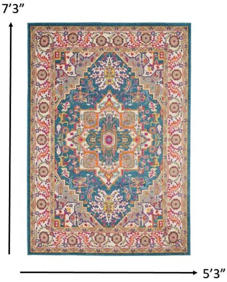 Teal and Pink Medallion Area Rug Photo 3