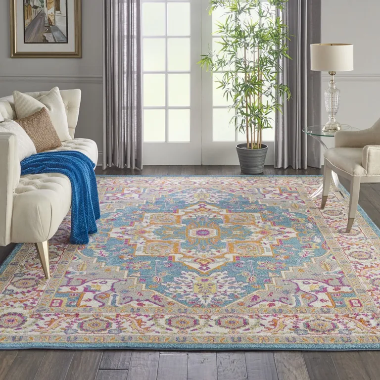 Teal and Pink Medallion Area Rug Photo 5