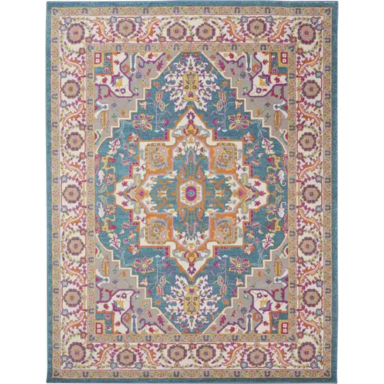 Teal And Ivory Medallion Distressed Area Rug Photo 7