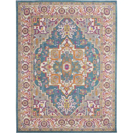 Teal And Ivory Medallion Distressed Area Rug Photo 1