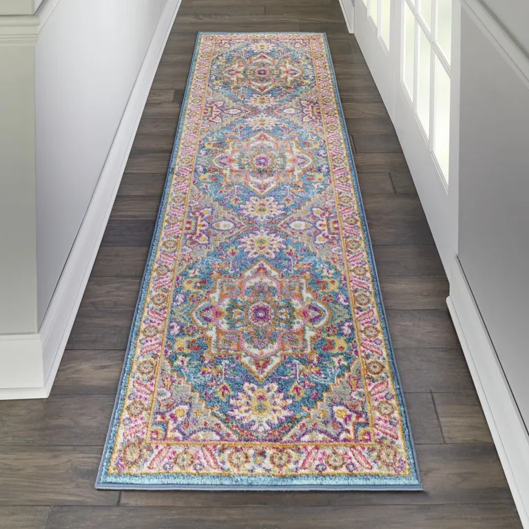 Teal and Pink Medallion Runner Rug Photo 3