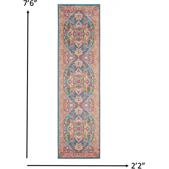 Teal and Pink Medallion Runner Rug Photo 2