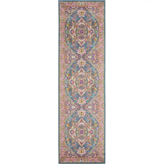 Teal and Pink Medallion Runner Rug Photo 1