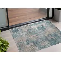 Photo of Teal and Taupe Abstract Washable Non Skid Indoor Outdoor Area Rug