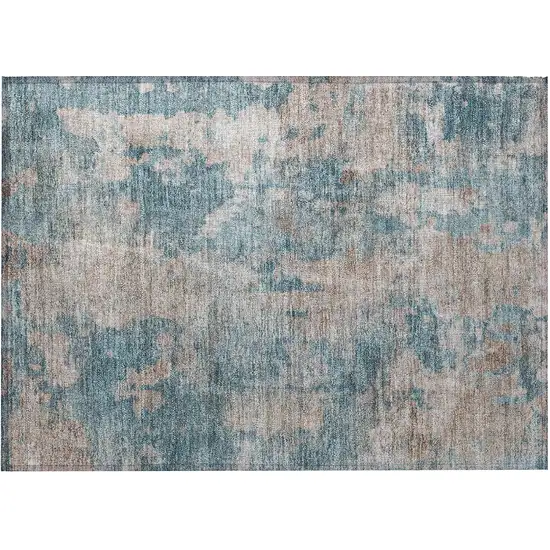 Teal and Taupe Abstract Washable Non Skid Indoor Outdoor Area Rug Photo 4