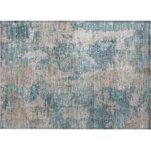 Photo of Teal and Taupe Abstract Washable Non Skid Indoor Outdoor Area Rug