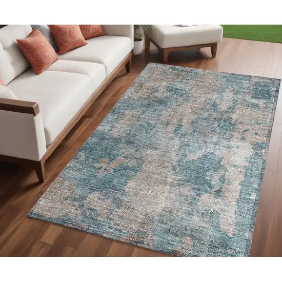 Teal and Taupe Abstract Washable Non Skid Indoor Outdoor Area Rug Photo 1