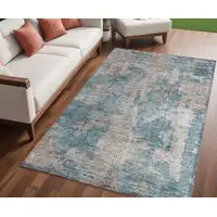 Photo of Teal and Taupe Abstract Washable Non Skid Indoor Outdoor Area Rug