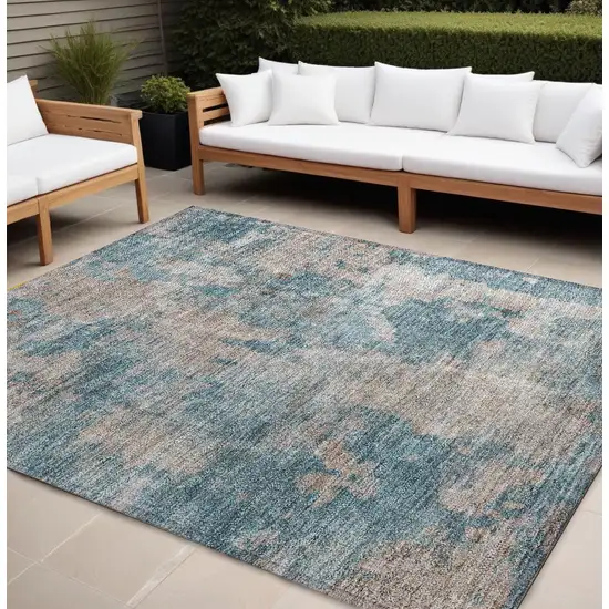 Teal and Taupe Abstract Washable Non Skid Indoor Outdoor Area Rug Photo 1