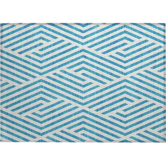 Teal and White Geometric Washable Non Skid Indoor Outdoor Area Rug Photo 2