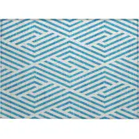 Photo of Teal and White Geometric Washable Non Skid Indoor Outdoor Area Rug