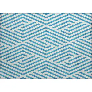 Photo of Teal and White Geometric Washable Non Skid Indoor Outdoor Area Rug