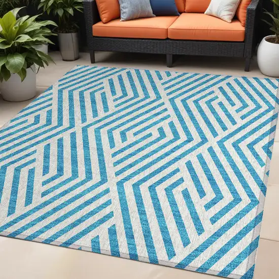 Teal and White Geometric Washable Non Skid Indoor Outdoor Area Rug Photo 1