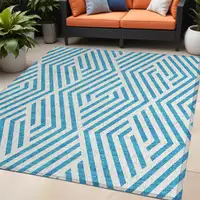 Photo of Teal and White Geometric Washable Non Skid Indoor Outdoor Area Rug