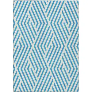 Photo of Teal and White Geometric Washable Non Skid Indoor Outdoor Area Rug