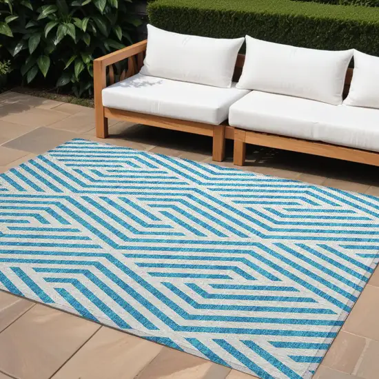 Teal and White Geometric Washable Non Skid Indoor Outdoor Area Rug Photo 1