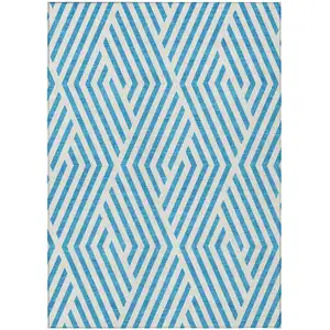 Photo of Teal and White Geometric Washable Non Skid Indoor Outdoor Area Rug