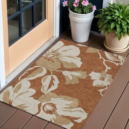 Terra Cotta And Beige Floral Washable Indoor Outdoor Area Rug Photo 1