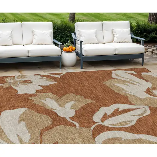 Terra Cotta And Beige Floral Washable Indoor Outdoor Area Rug Photo 1