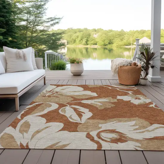 Terra Cotta And Beige Floral Washable Indoor Outdoor Area Rug Photo 8