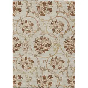 Photo of Terra Cotta Copper And Beige Floral Washable Indoor Outdoor Area Rug