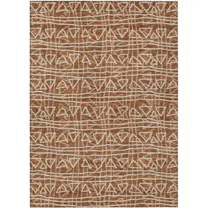 Photo of Terra Cotta Copper And Beige Geometric Washable Indoor Outdoor Area Rug