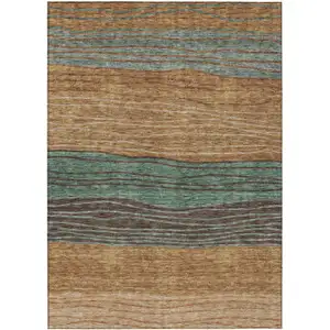 Photo of Terra Cotta Copper And Beige Striped Washable Indoor Outdoor Area Rug