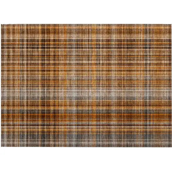 Orange Brown and Gray Plaid Washable Non Skid Indoor Outdoor Area Rug Photo 2