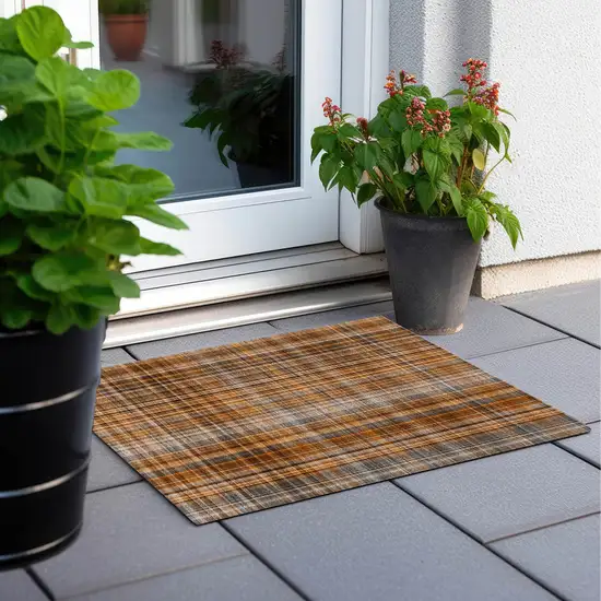 Orange Brown and Gray Plaid Washable Non Skid Indoor Outdoor Area Rug Photo 8